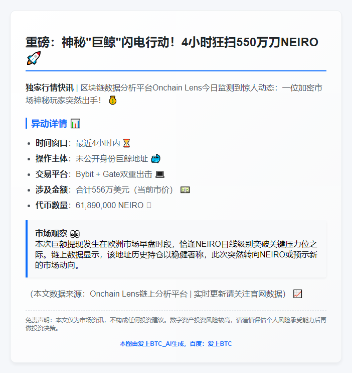 巨鲸4小时提取556万美元NEIRO