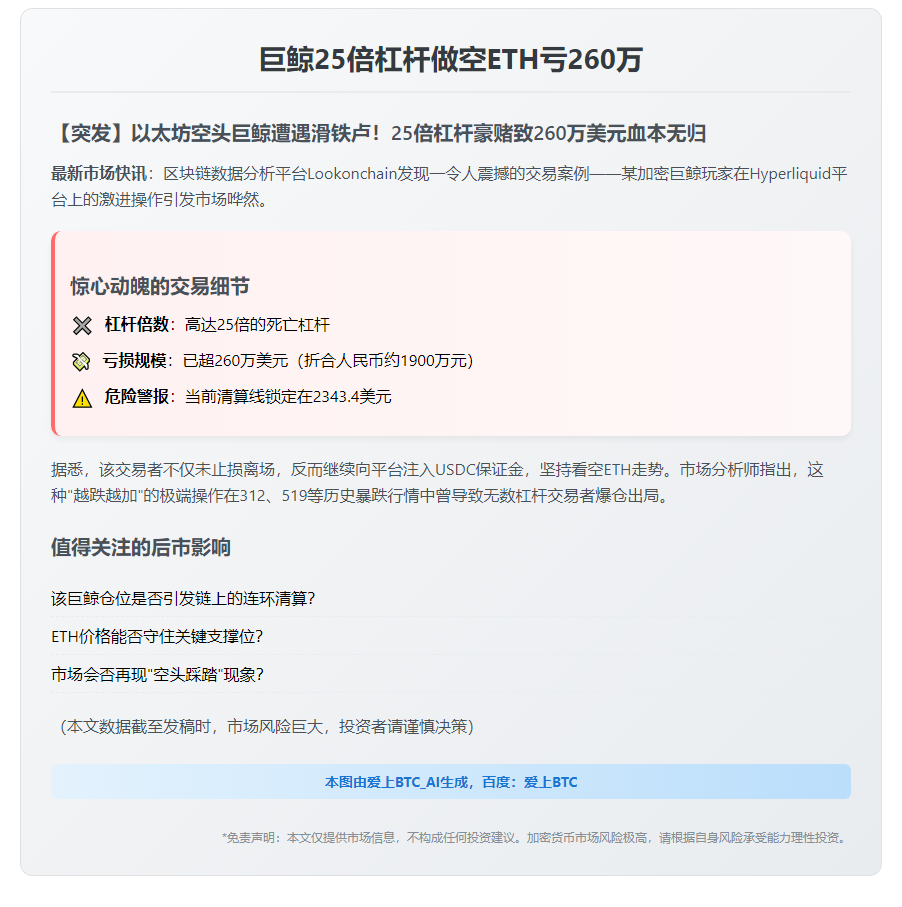 巨鲸25倍杠杆做空ETH亏260万