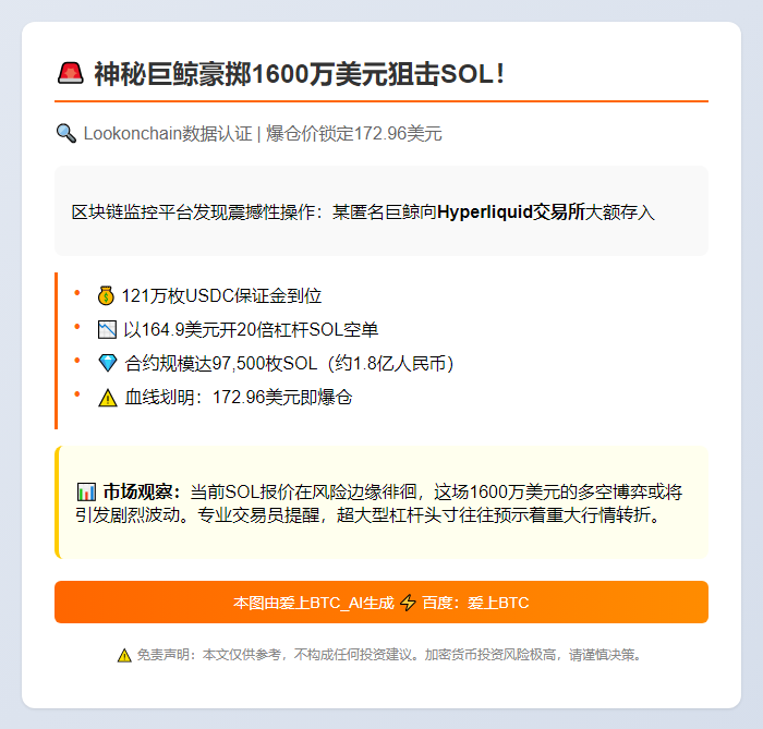 巨鲸1600万美元做空SOL，清算价173美元