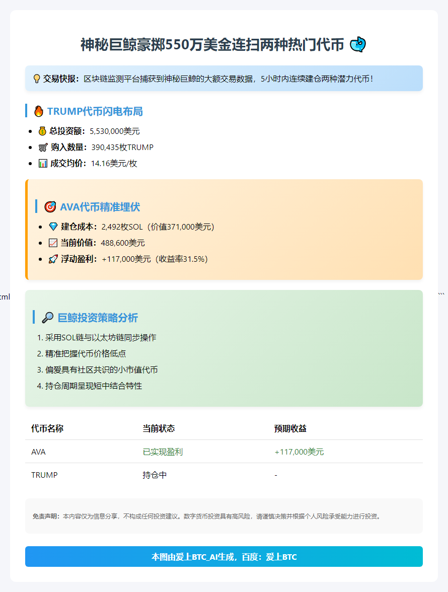 巨鲸5小时豪掷553万抄底TRUMP、AVA，浮盈11.7万