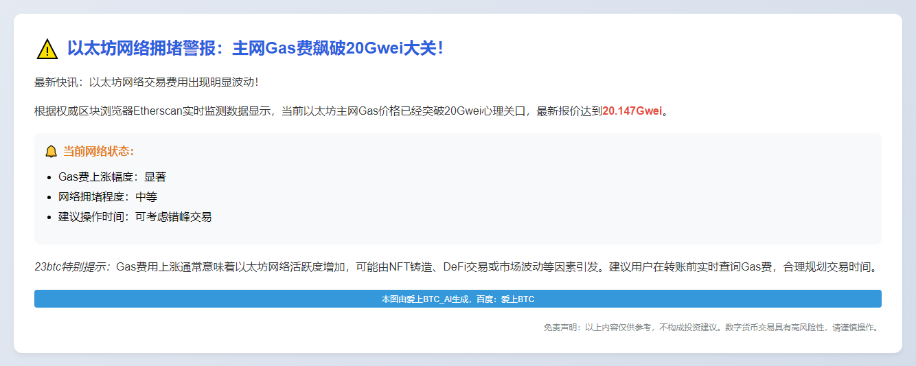 以太坊Gas一度突破20Gwei