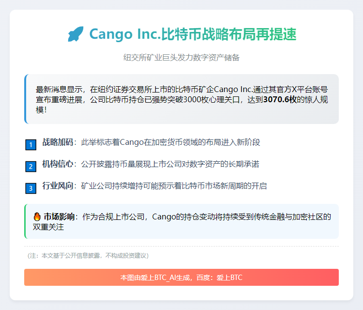 Cango持有比特币增至3070.6枚