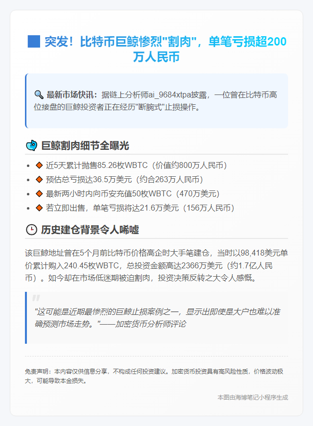 巨鲸抛售85WBTC，亏损36万美元