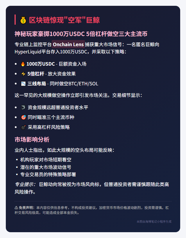 巨鲸转账1000万USDC，5倍做空BTC、SOL、ETH
