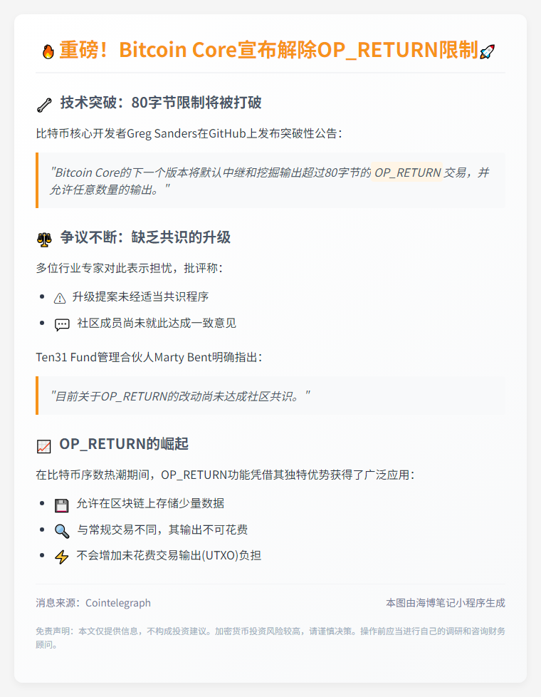 比特币核心将移除OP_RETURN限制