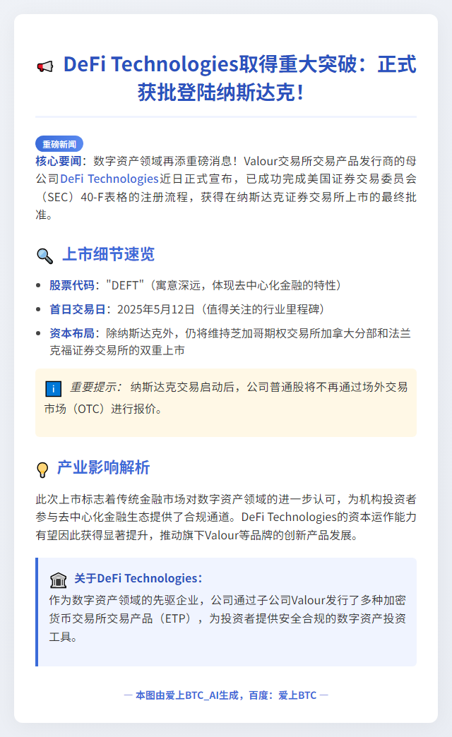 DeFi Tech获批纳斯达克上市