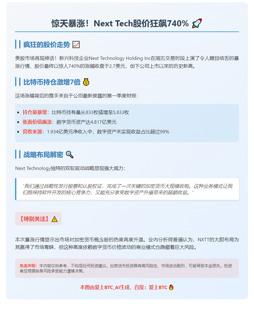 Next Tech股价暴涨700% 因大举增持比特币