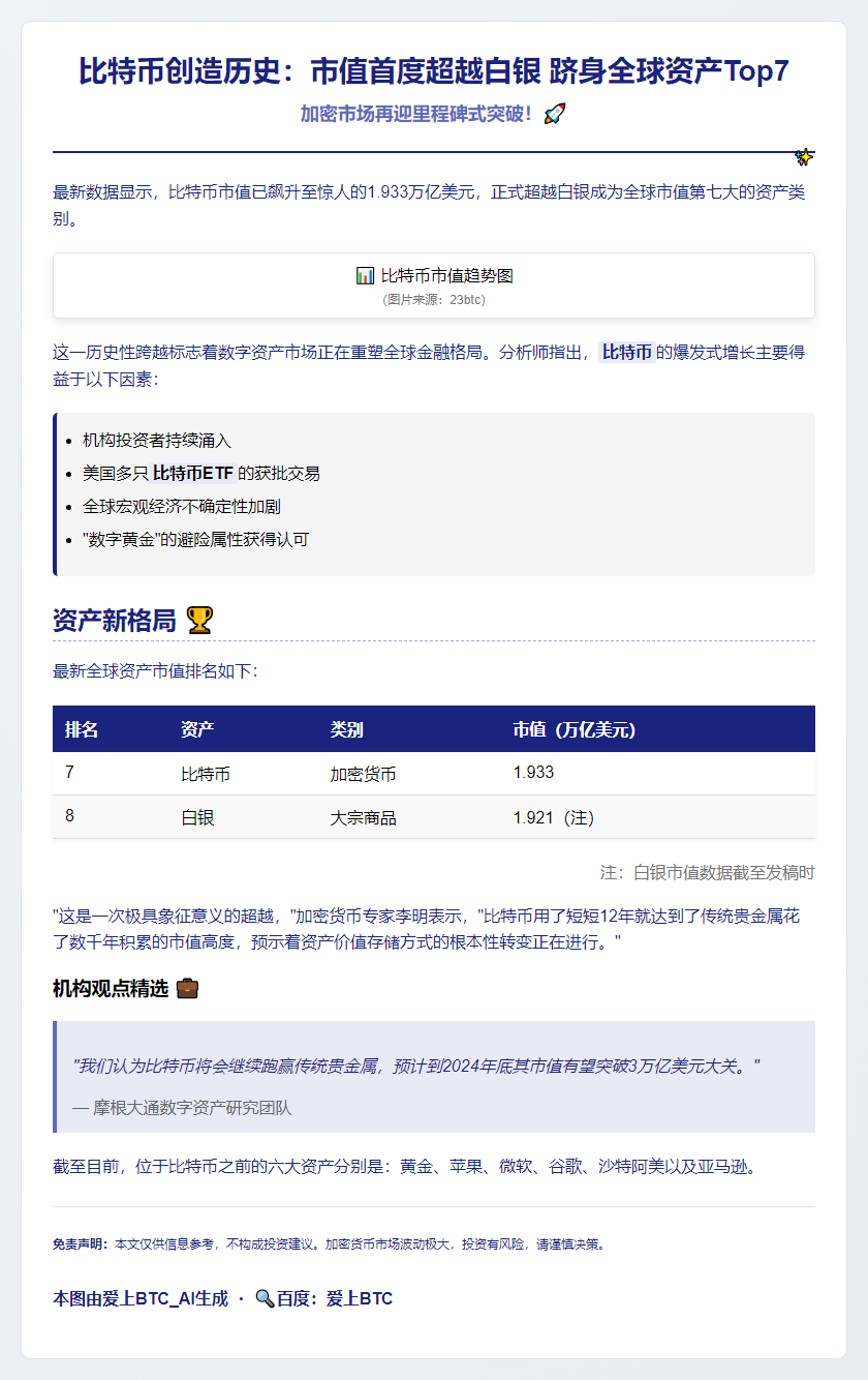 比特币市值超白银，跻身全球第七大资产