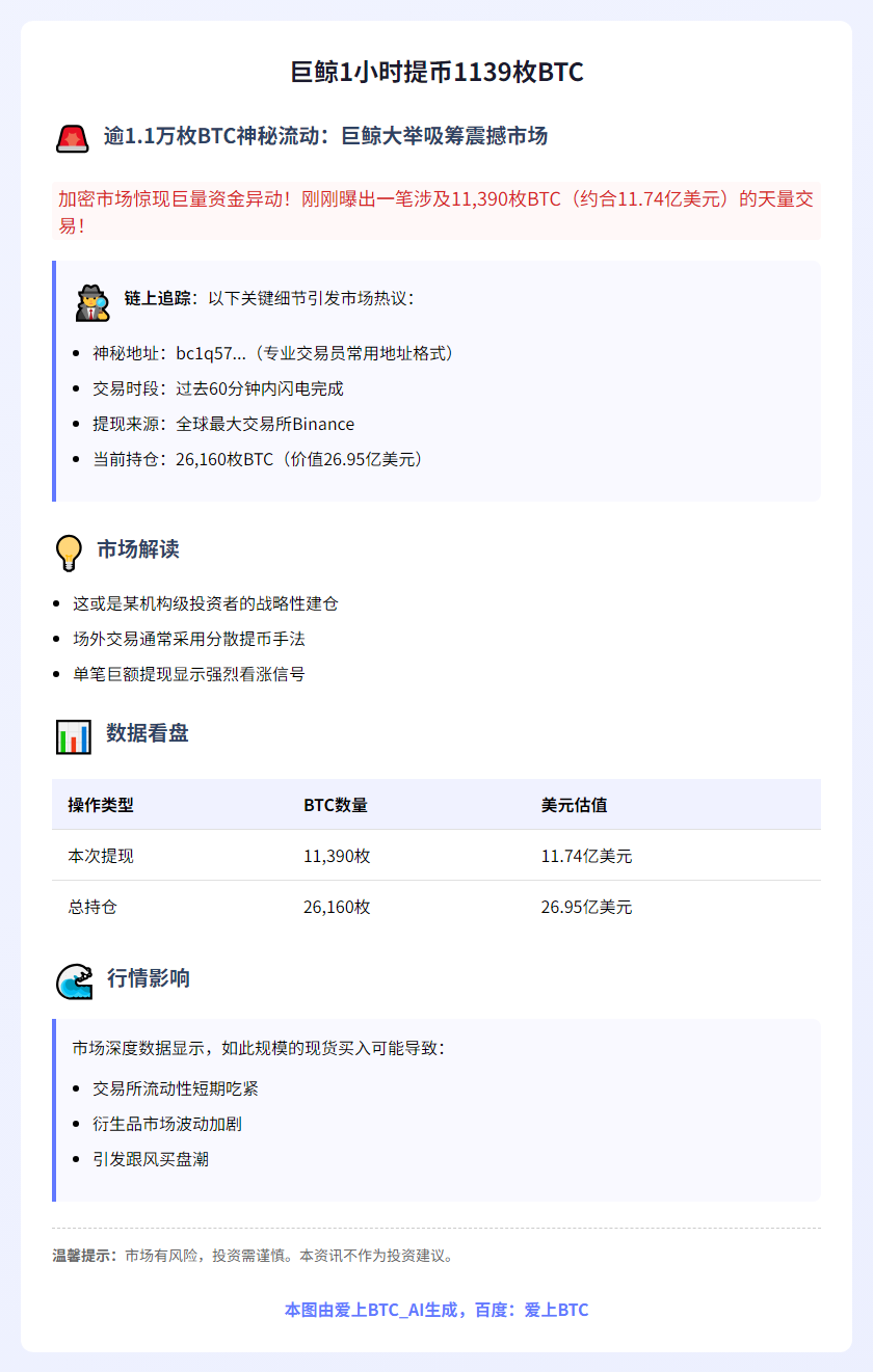 "巨鲸1小时提币1139枚BTC"