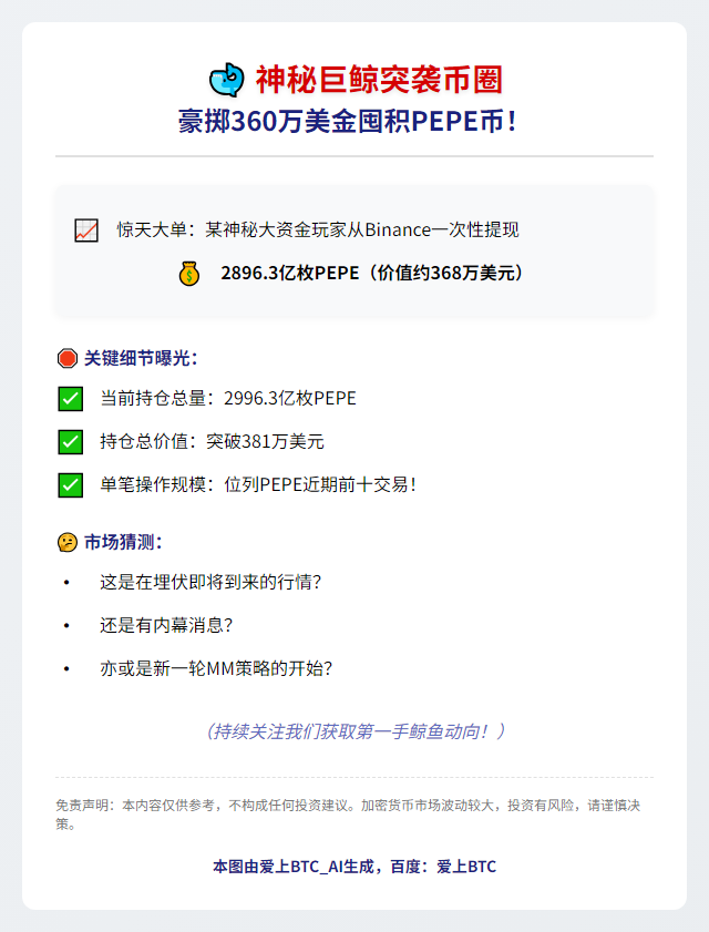 "巨鲸从Binance提现2896亿PEPE"