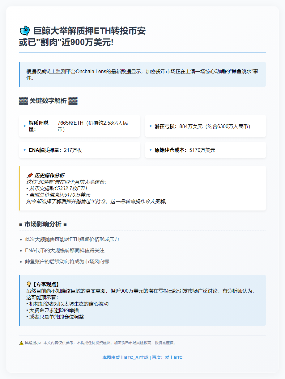 巨鲸解质押7665枚ETH转币安 或亏884万美元
