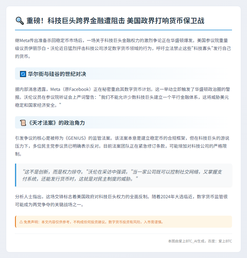 沃伦建议禁止大科技公司发行稳定币