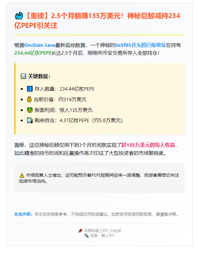 巨鲸转储234亿PEPE至币安