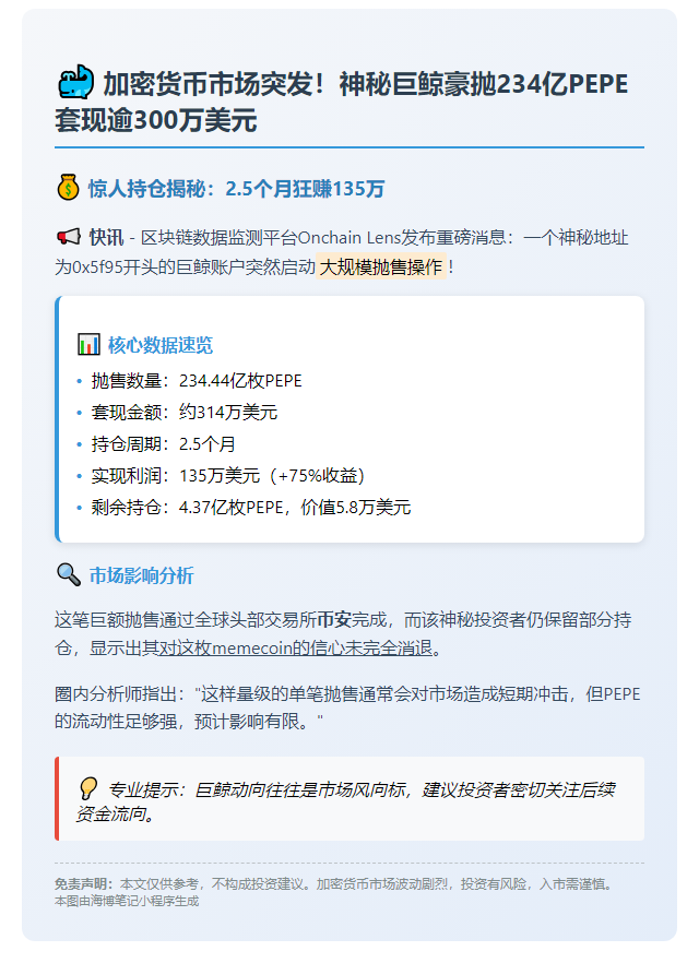 巨鲸抛售2.5月持币 314万美元PEPE转入币安