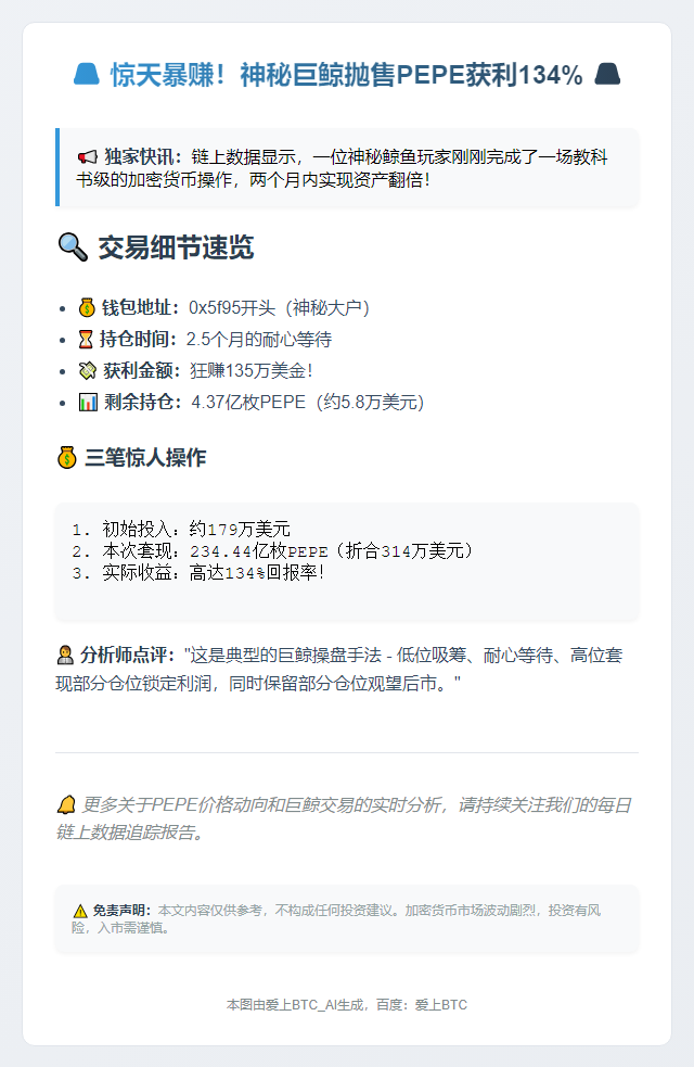 巨鲸抛售234亿PEPE套现314万美元