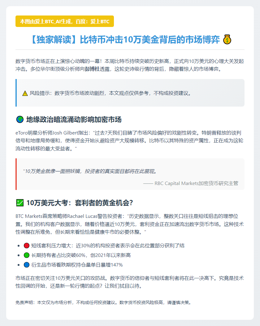 10万美元成BTC关键位，交易员获利后或盘整