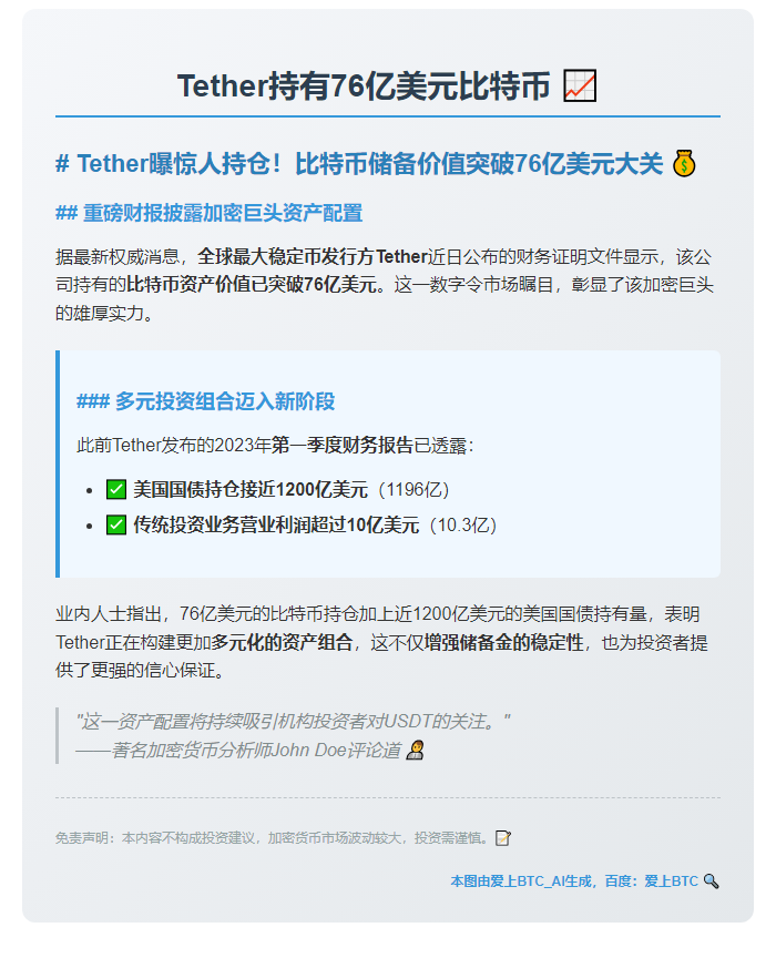 Tether持有76亿美元比特币
