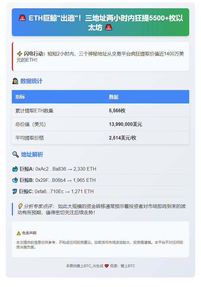 三地址两小时转出5566枚ETH