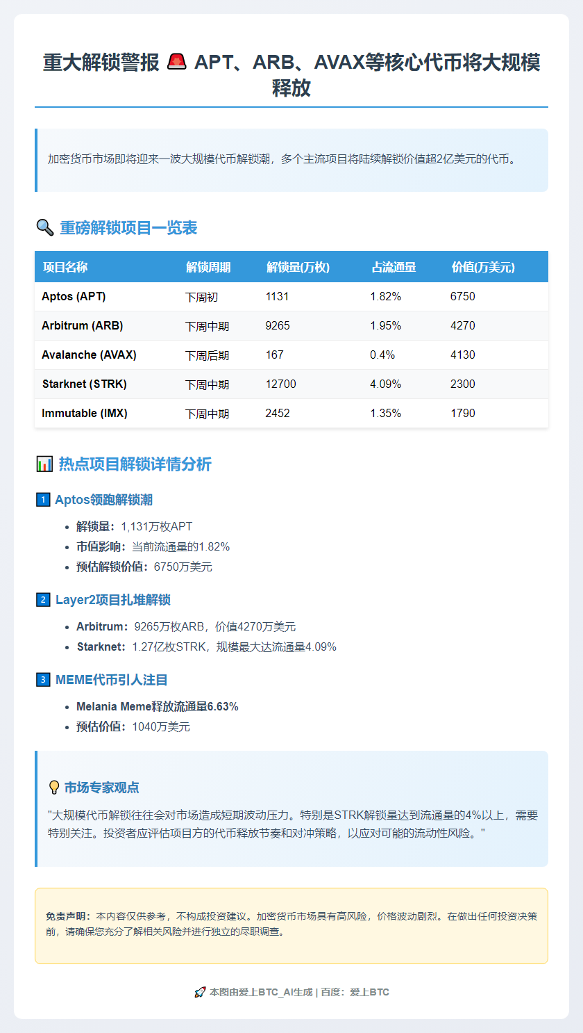 APT等代币下周大额解锁 价值超6750万美元