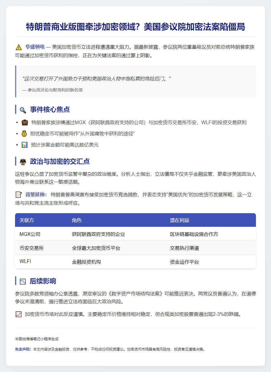美参议院加密法案因特朗普陷僵局