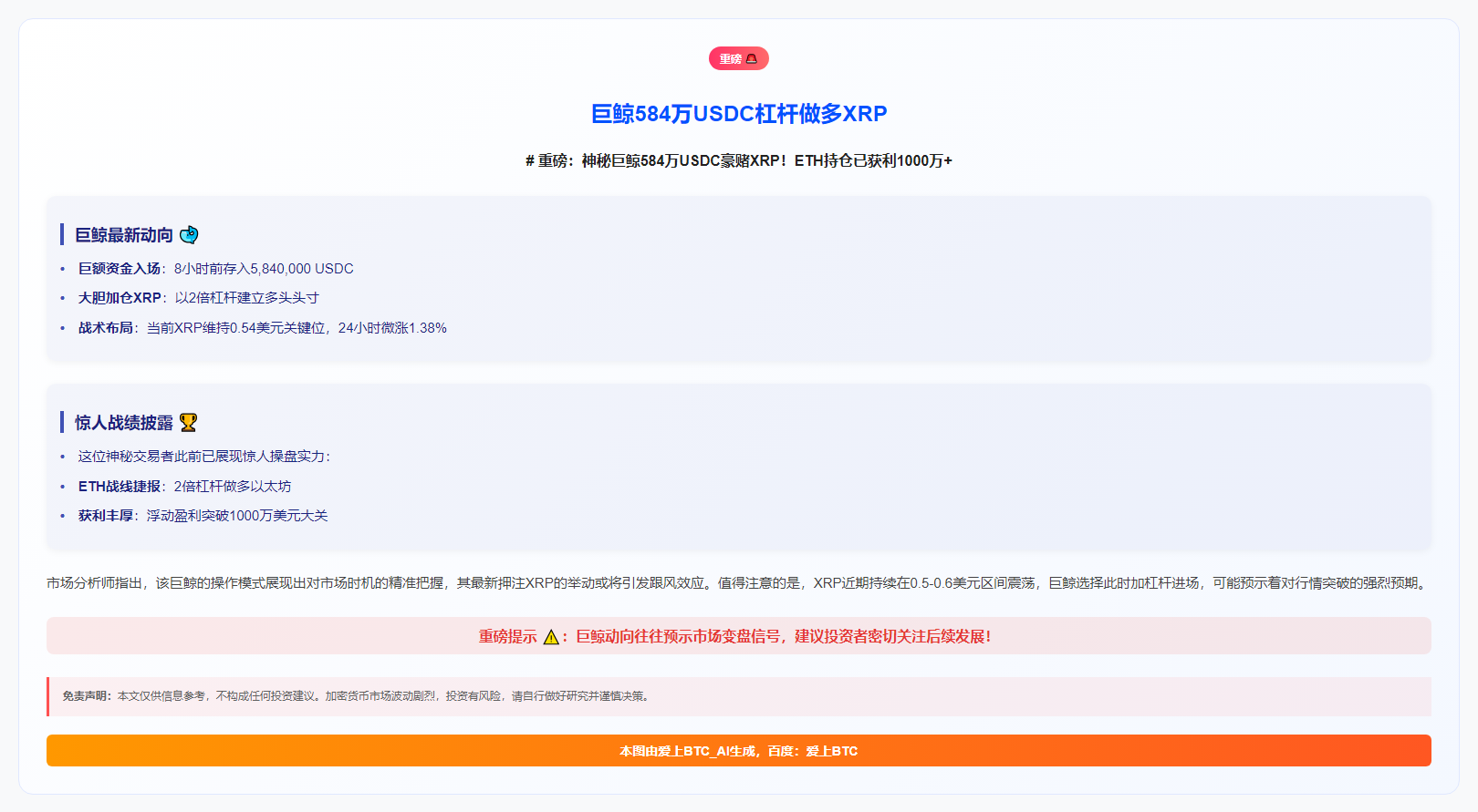 巨鲸584万USDC杠杆做多XRP