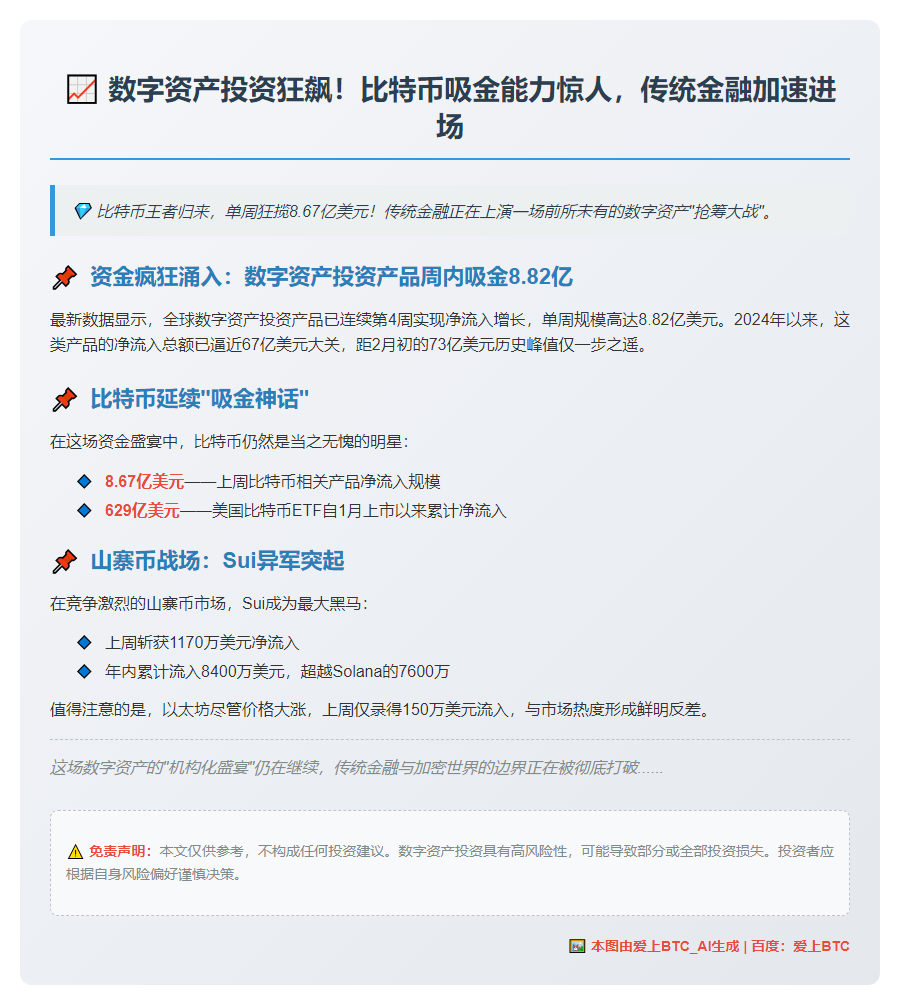 数字资产周吸金8.82亿 比特币占8.67亿