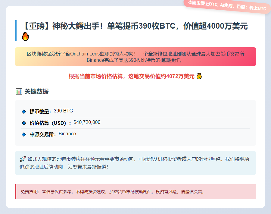 巨鲸转账：390枚BTC提现Binance