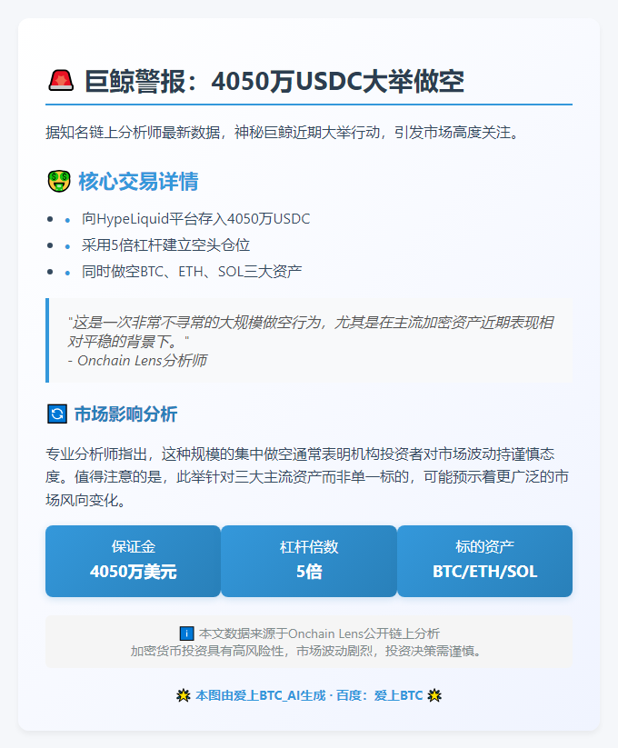巨鲸存入4050万USDC加大多币种空头