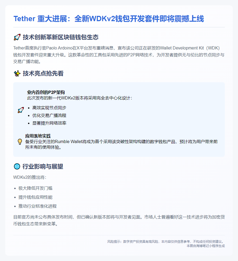 Tether CEO：WDKv2即将上线