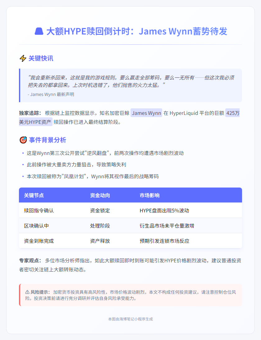 "James Wynn完成425万HYPE赎回，蓄势再起"
