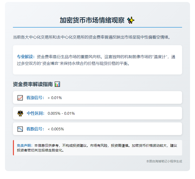 CEX、DEX资金费率显示市场中性偏空