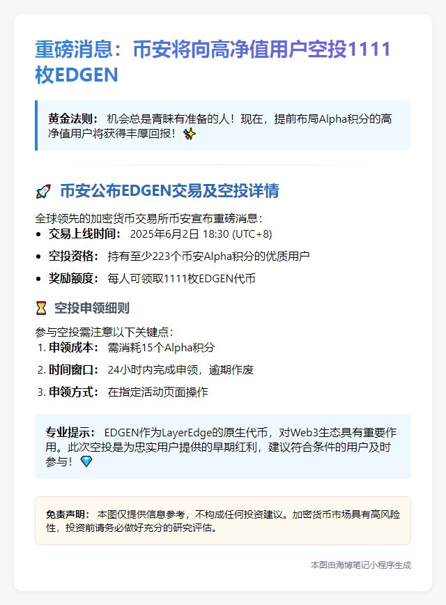 Binance空投EDGEN给Alpha积分≥223用户