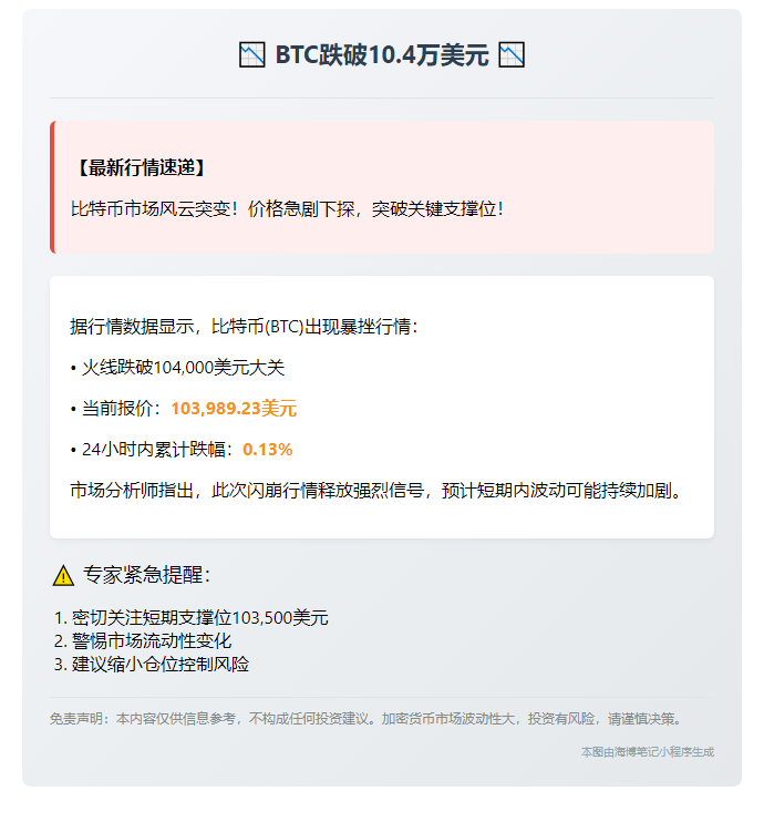 BTC跌破10.4万美元