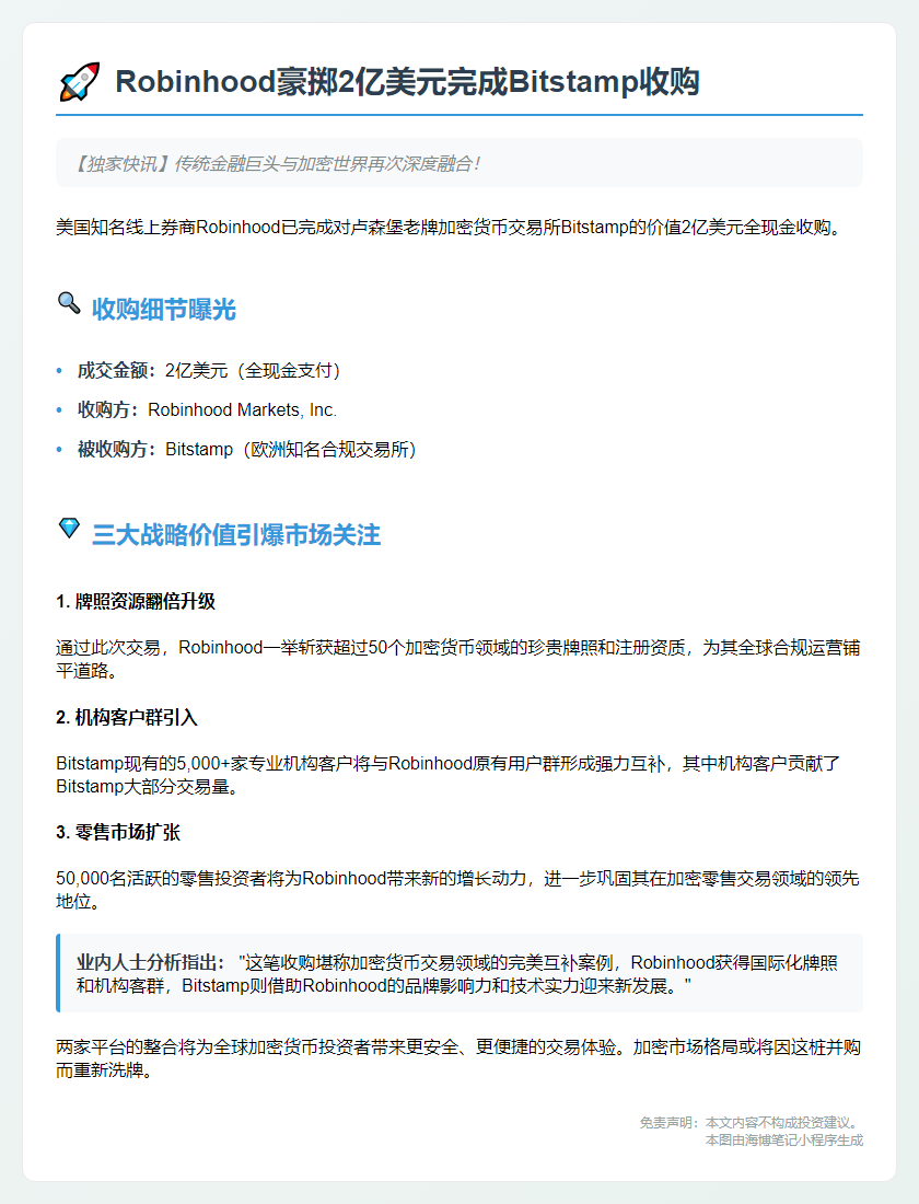 Robinhood 收购 Bitstamp 耗资 2 亿美元