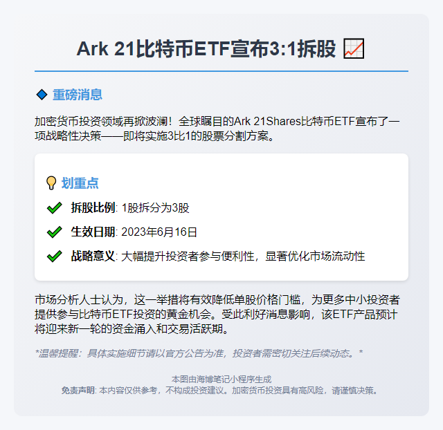 Ark 21比特币ETF宣布3:1拆股