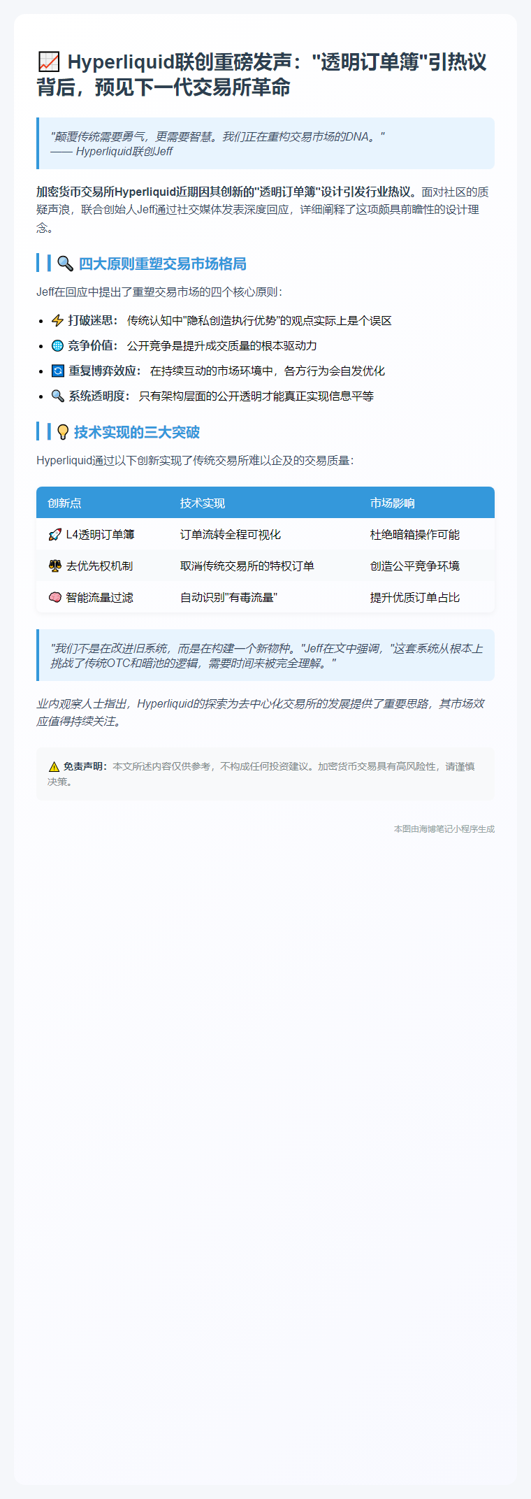Hyperliquid联创回应争议：透明订单簿具前瞻性