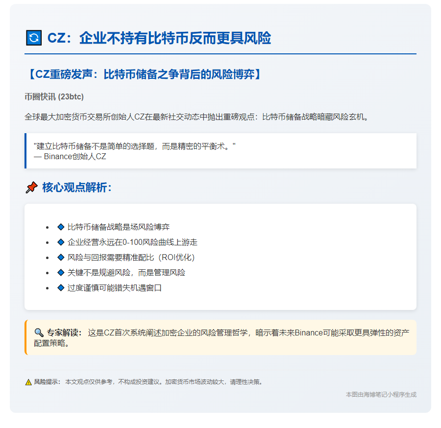 CZ：企业不持有比特币反而更具风险