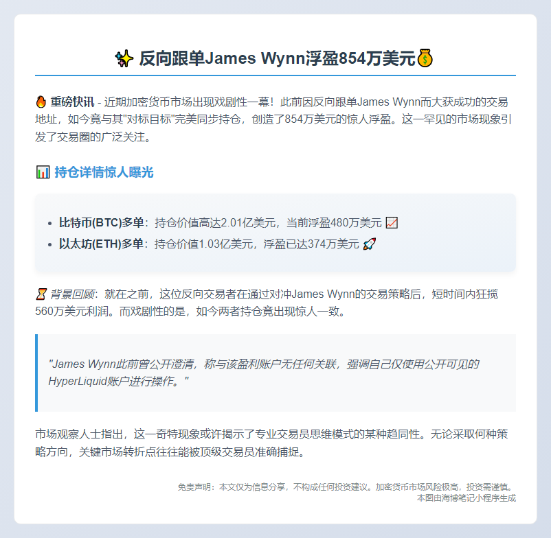 "反向跟单James Wynn浮盈854万美元"