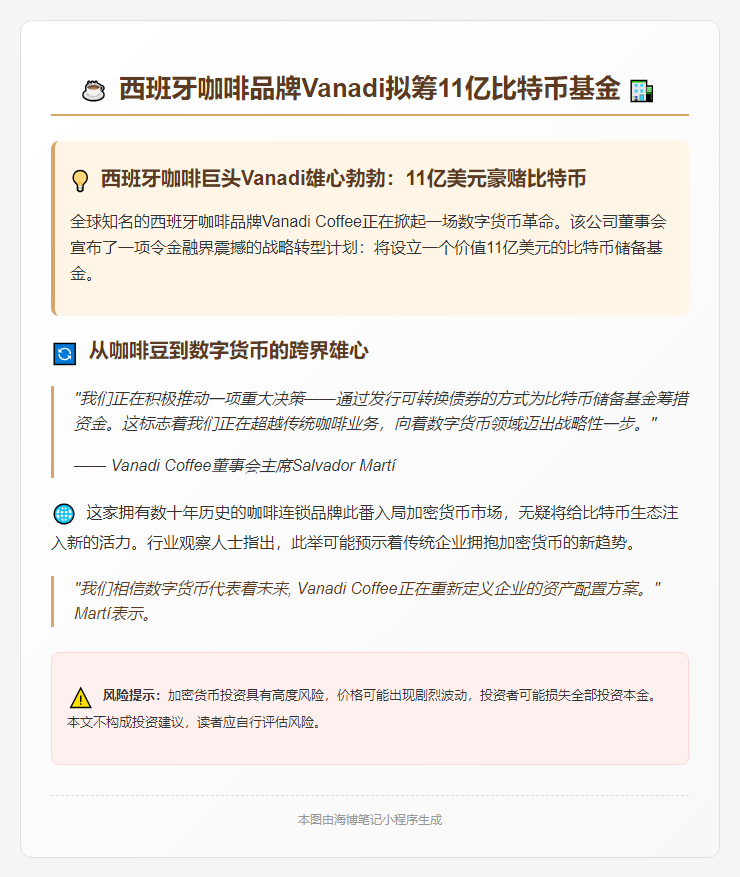 西班牙咖啡品牌Vanadi拟筹11亿比特币基金