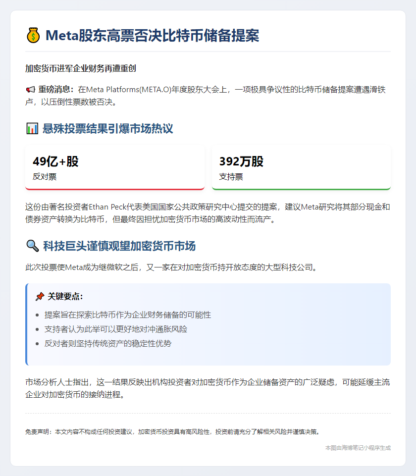 Meta股东否决比特币储备提案
