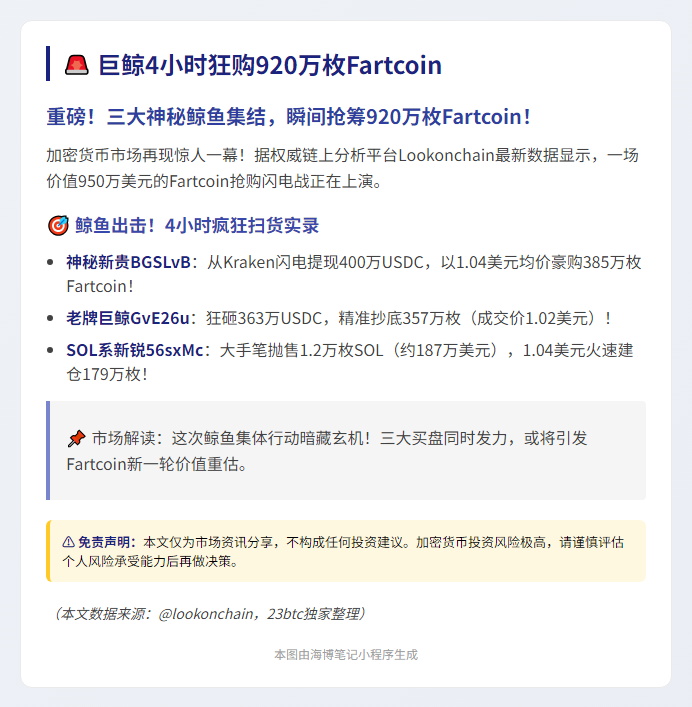 巨鲸4小时狂购920万枚Fartcoin