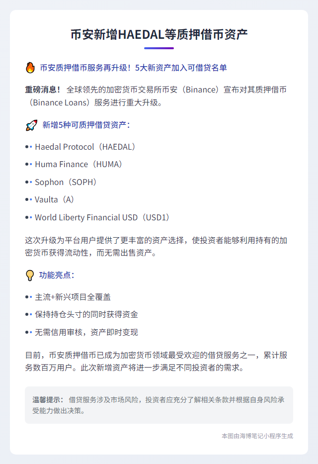 币安新增HAEDAL等质押借币资产