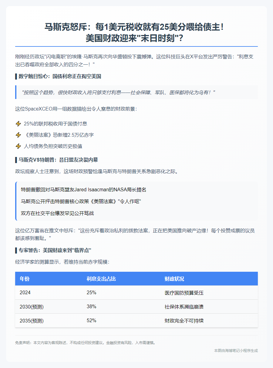 马斯克：美国25%财政支出用于还债