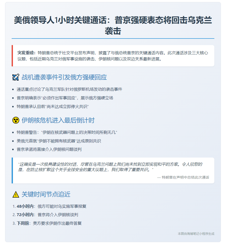 特朗普与普京通话：俄警告回应乌袭击