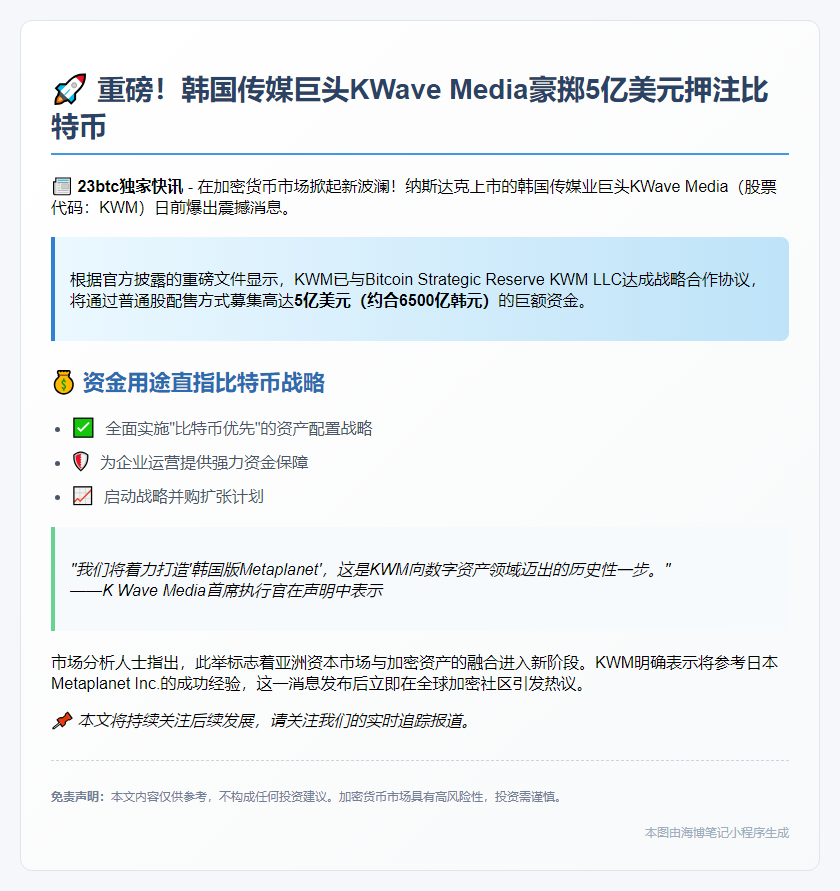 KWave Media售股5亿，支持比特币策略