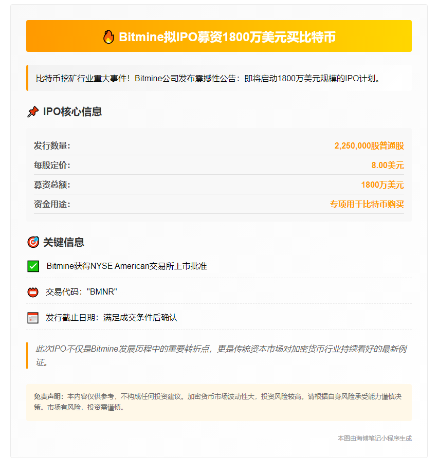Bitmine拟IPO募资1800万美元买比特币