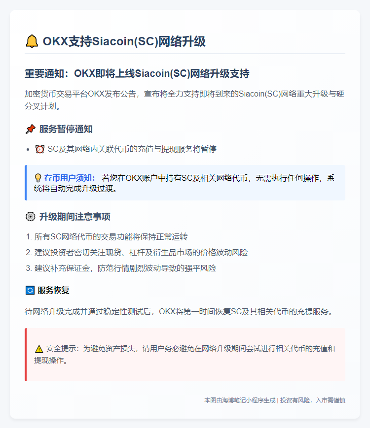 OKX支持Siacoin(SC)网络升级