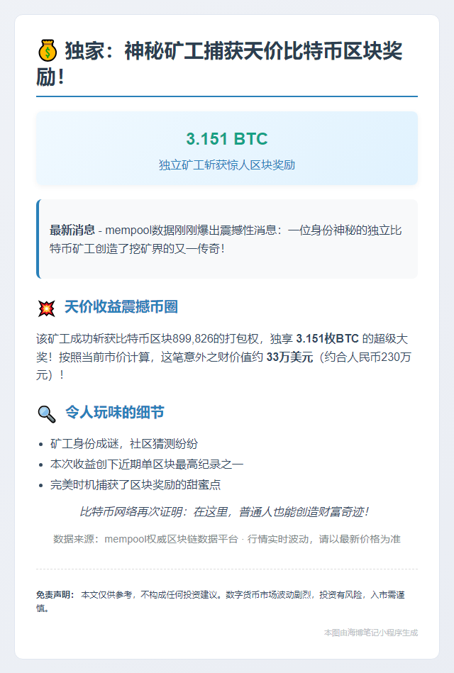 独立矿工斩获3.15 BTC