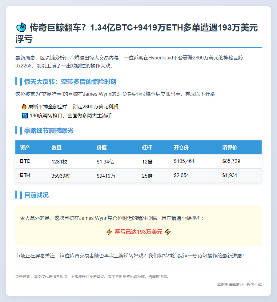 巨鲸做多BTC/ETH浮亏193万美元