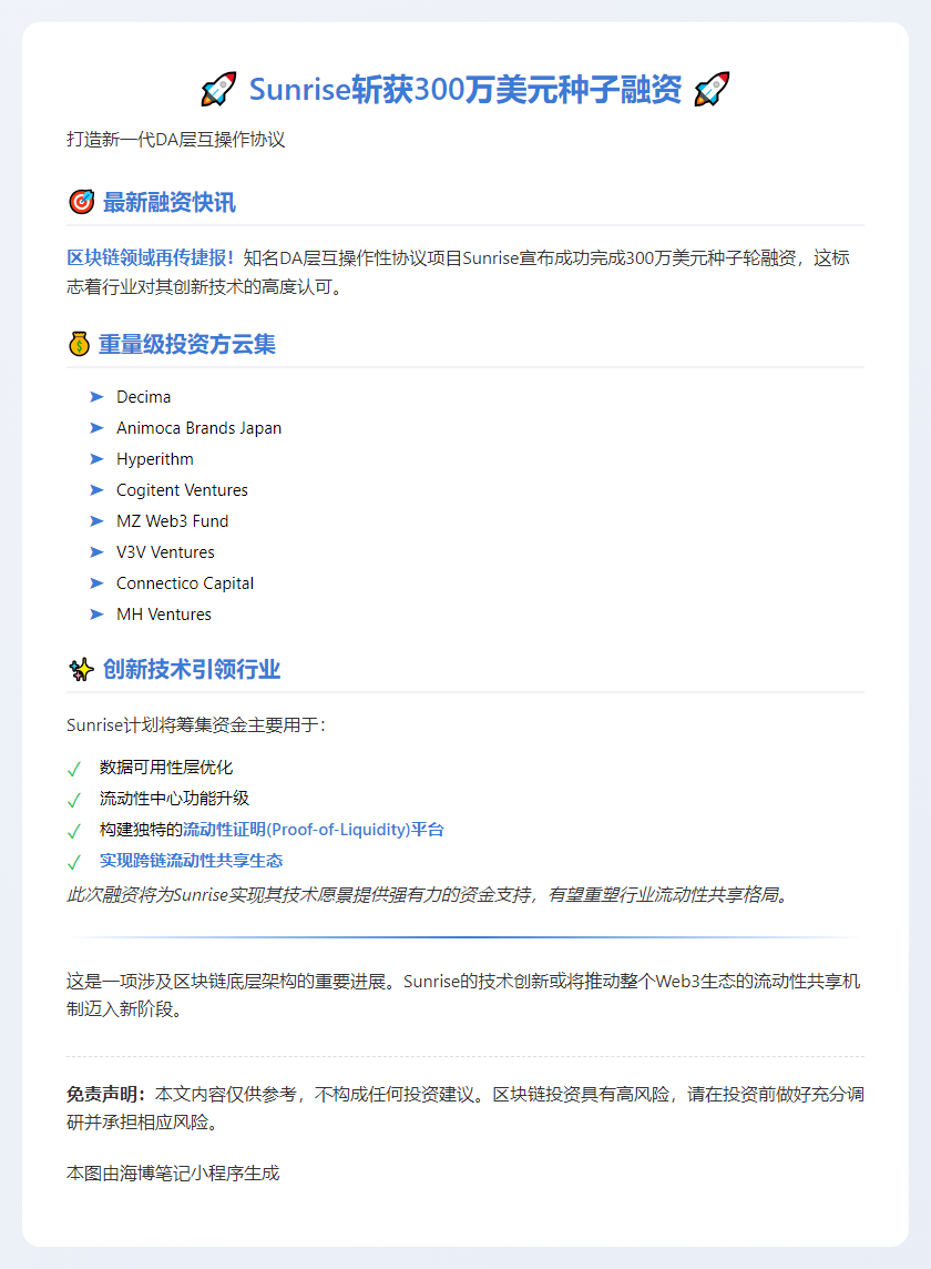 Sunrise获300万美元种子融资